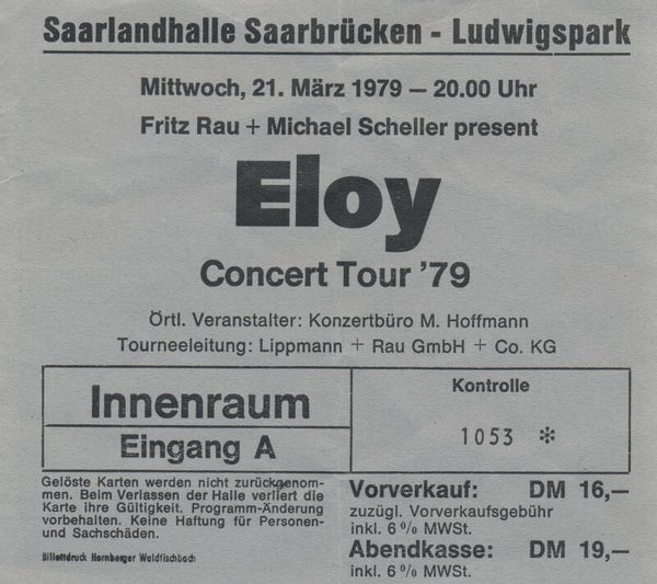 Eloy - Saarlandhalle Ludwigspark, Saarbrücken, March 21, 1979 [Germany] - Ticket Stub