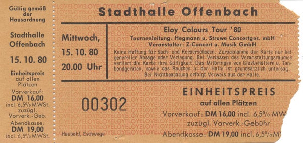 Eloy - Stadthalle, Offenbach, October 15, 1980 [Germany] - Ticket Stub