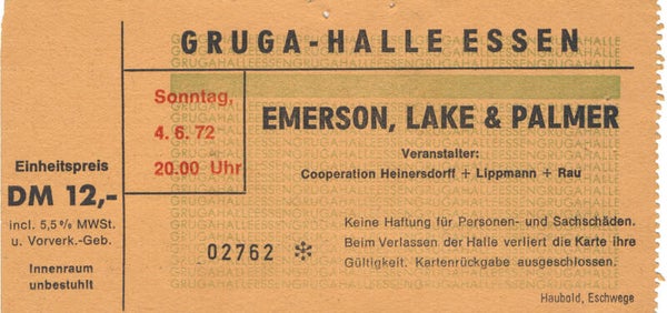 Emerson Lake and Palmer - Gruha-Halle, Essen, June 4, 1972 [Germany] - Ticket Stub