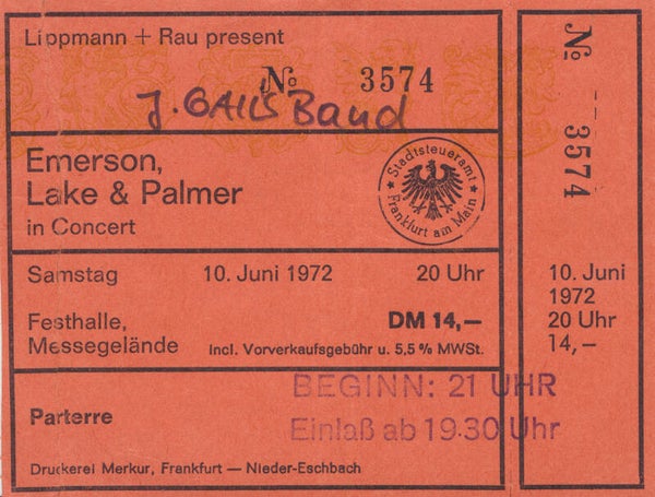Emerson Lake and Palmer - Festhalle, Frankfurt, June 10, 1972 [Germany] - Ticket Stub
