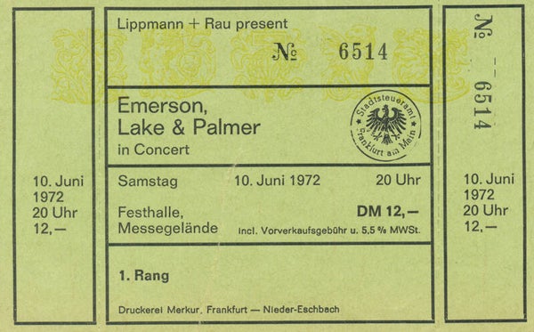 Emerson Lake and Palmer - Festhalle, Frankfurt, June 10, 1972 [Germany] - Ticket Stub