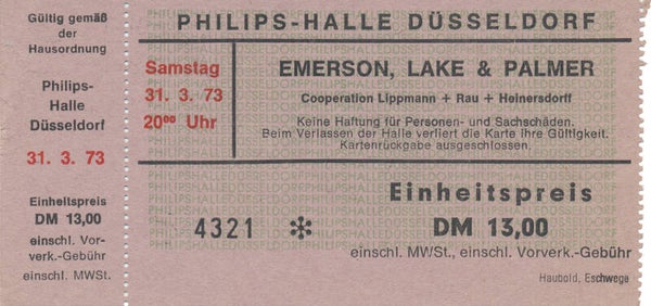 Emerson Lake and Palmer - Philipshalle, Düsseldorf, March 31, 1973 [Germany] - Ticket Stub