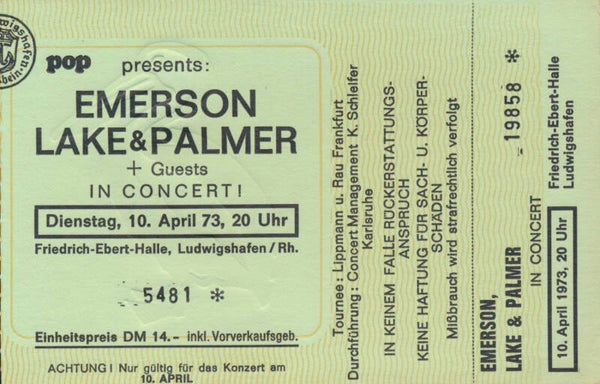 Emerson Lake and Palmer - Friedrich-Ebert-Halle, Ludwigshafen, April 10, 1973 [Germany] - Ticket Stub