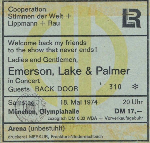 Emerson Lake and Palmer - Olympiahalle, Munich, May 18, 1974 [Germany] - Ticket Stub
