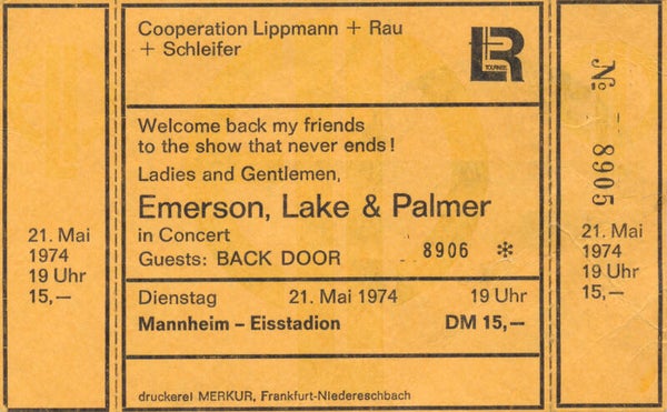 Emerson Lake and Palmer -Eisstadion, Mannheim, May 21, 1974 [Germany] - Ticket Stub