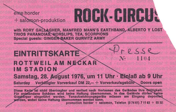 Rory Gallagher - Manftred Mann's Earth Band - Alberto Y Los Trios Paranoisas - Tea - Scorpions - Ginger Baker - Gurvitz Army - Rock Circus Stadion, Rottweil, Am Neckar, August 28, 1976 [Germany] - Ticket Stub