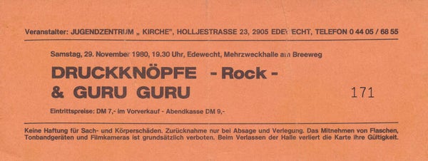 Guru Guru - Jugendzentrum Kirche, Edewecht, November 29, 1980 [Germany] - Ticket Stub