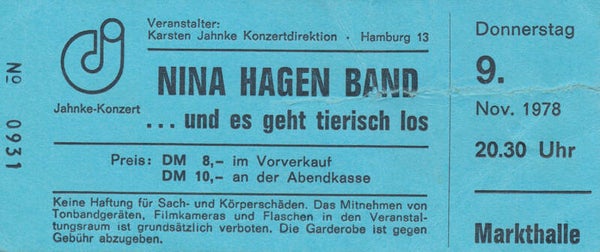 Nina Hagen - Markthalle, Hamburg, November 9, 1978 [Germany] - Ticket Stub