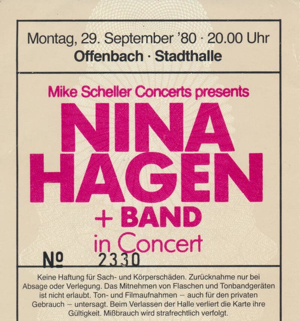 Nina Hagen - Stadthalle, Offenbach, September 29, 1980 [Germany] - Ticket Stub