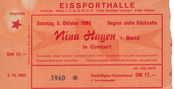 Nina Hagen - Eissporthalle, Berlin, October 5, 1980 [Germany] - Ticket Stub