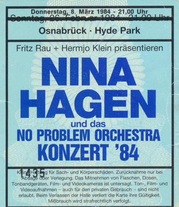 Nina Hagen - Hyde Park, Osnabrück, March 8, 1984 [Germany] - Ticket Stub