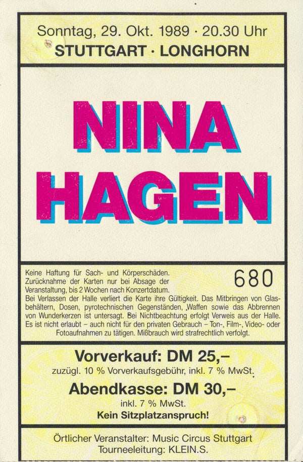 Nina Hagen - Longhorn, Stuttgart, October 29, 1989 [Germany] - Ticket Stub