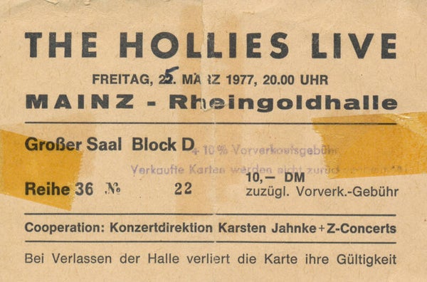 The Hollies - Rheingoldhalle, Mainz, March 25, 1977 [Germany] - Ticket Stub