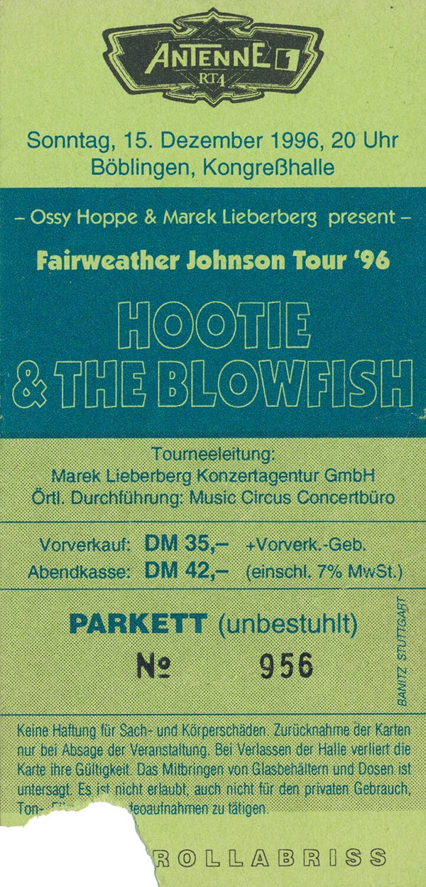 Hootie & The Blowfish - Kongresshalle, Böblingen, December 15, 1996 [Germany] - Ticket Stub