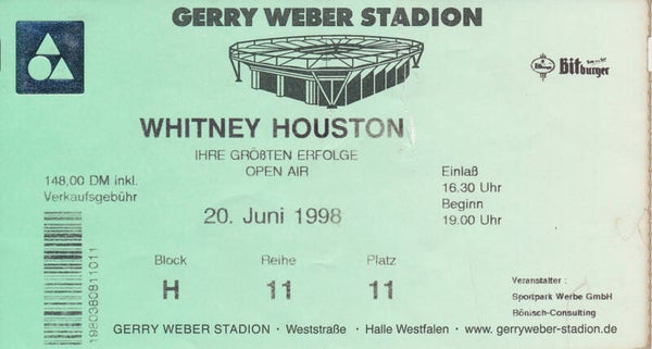 Whitney Houston - Gerry Weber Stadion, Halle Westfalen, June 20, 1998 [Germany] - Ticket Stub