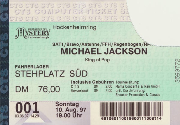 Michael Jackson - Hockenheimring, Hockenheim, August 10, 1997 [Germany] - Ticket Stub