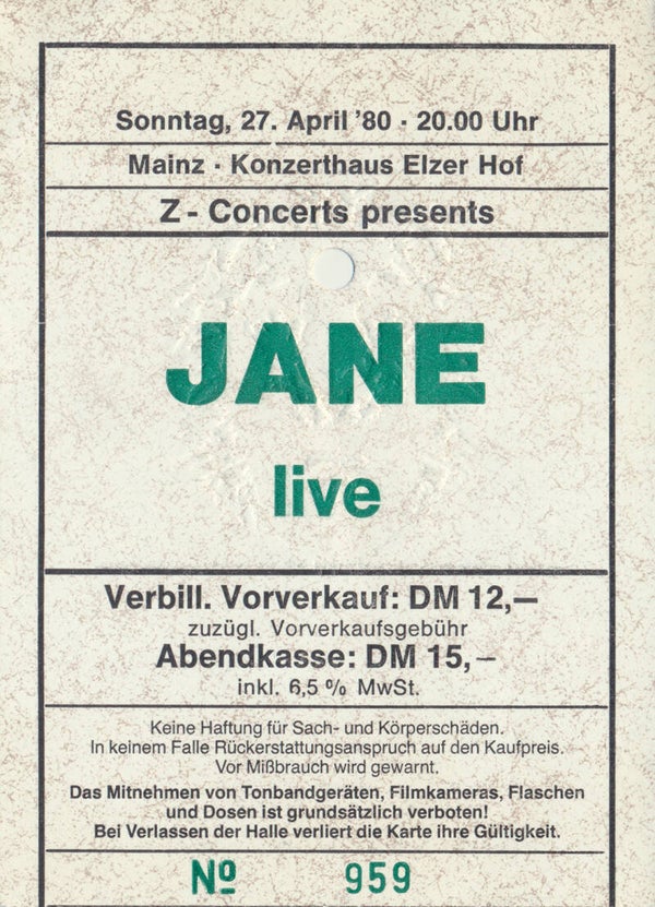 Jane - Konzerthaus Elzer Hof, Mainz, April 27, 1980 [Germany] - Ticket Stub