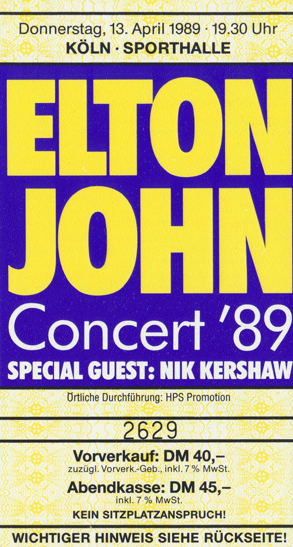Elton John - Nik Kershaw - Sporthalle, Cologne, April 13, 1989 [Germany] - Ticket Stub