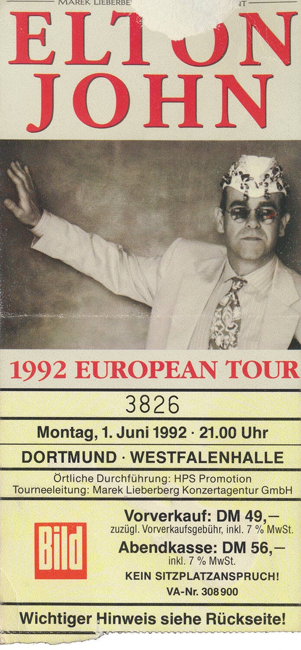 Elton John - Westfalenhalle, Dortmund, June 1, 1992 [Germany] - Ticket Stub