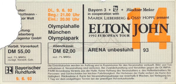 Elton John - Olympiahalle, Munich, June 9, 1992 [Germany] - Ticket Stub