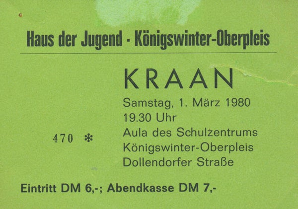 Kraan - Haus der Jugend, Königswinter-Oberpleis, March 1, 1980 [Germany] - Ticket Stub