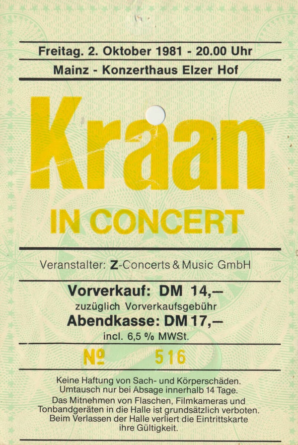 Kraan - Konzerthaus Elzer Hof, Mainz, October 2, 1981 [Germany] - Ticket Stub
