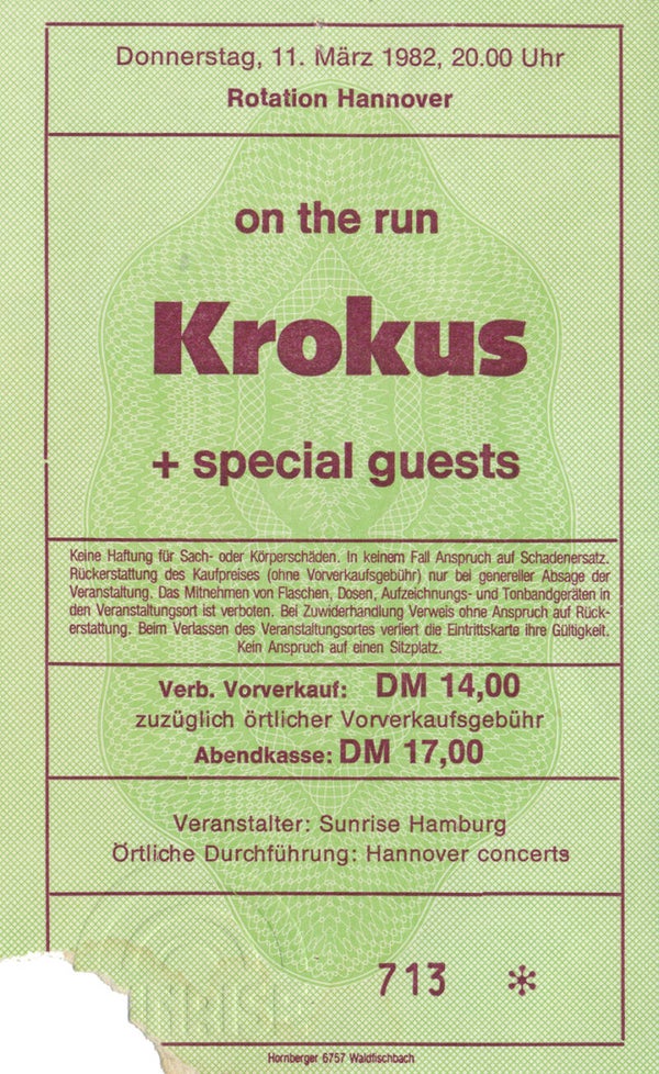 Krokus - Rotation, Hannover, March 11, 1982 [Germany] - Ticket Stub