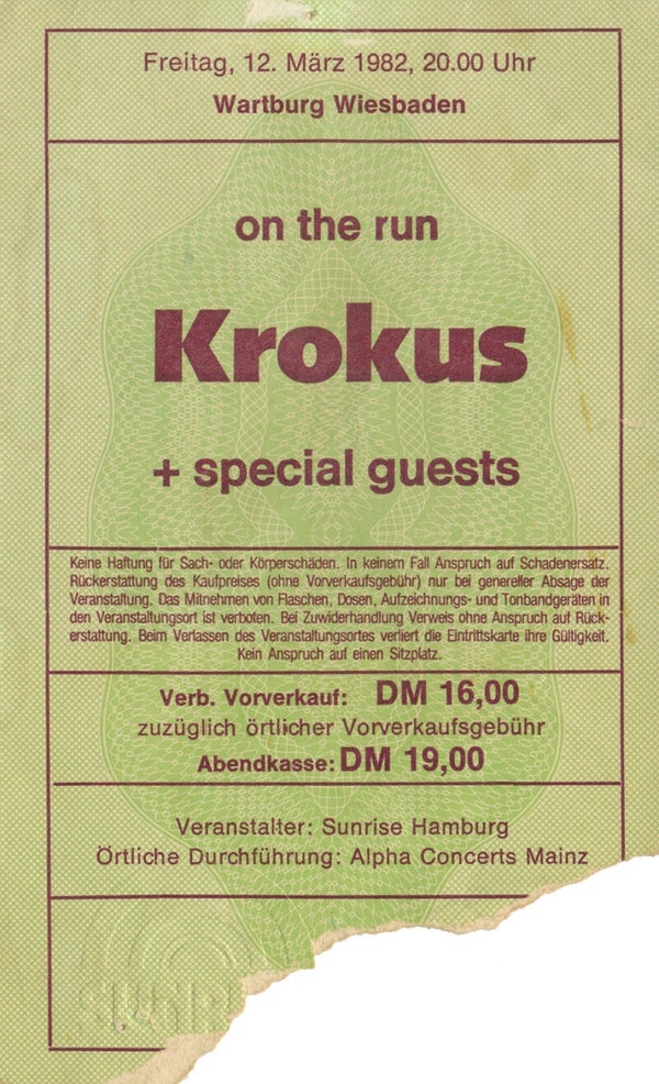 Krokus - Wartburg, Wiesbaden. March 12, 1982 [Germany] - Ticket Stub