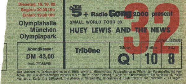 Huey Lewis & The News - Olympiahalle, Munich, October 18, 1988 [Germany] - Ticket Stub
