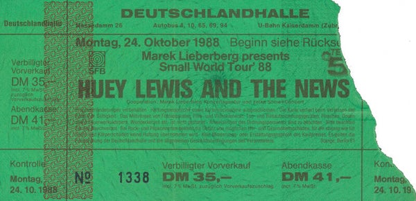 Huey Lewis & The News - Deutschlandhalle, Berlin, October 24, 1988 [Germany] - Ticket Stub