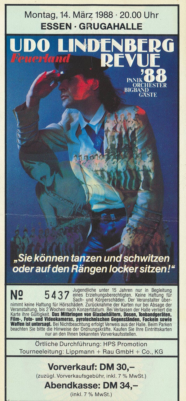 Udo Lindenberg - Grugahalle, Essen, March 14, 1988 [Germany] - Ticket Stub
