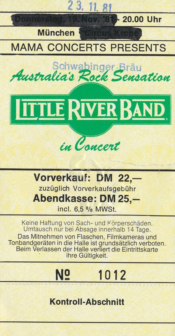Little River Band - Schwabinger Bräu, Munich, November 23, 1981 [Germany] - Ticket Stub