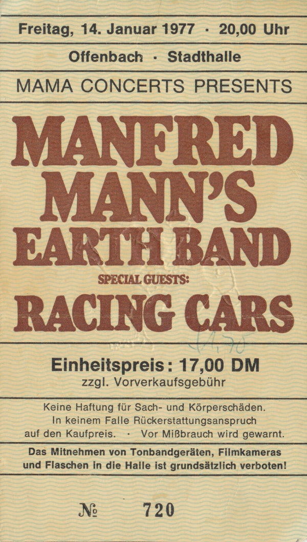Manfred Mann's Earth Band - Stadthalle, Offenbach, January 14, 1977 [Germany] - Ticket Stub