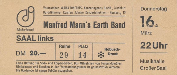 Manfred Mann's Earth Band - Musikhalle, Hamburg, March 16, 1978 [Germany] - Ticket Stub