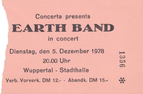Manfred Mann's Earth Band - Stadthalle, Wuppertal, December 5, 1978 [Germany] - Ticket Stub