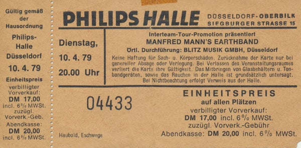 Manfred Mann's Earth Band - Philipshalle, Düsseldorf, April 10, 1979 [Germany] - Ticket Stub