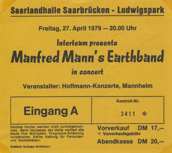 Manfred Mann's Earth Band - Saarlandhalle, Saarbrücken, April 27, 1979 [Germany] - Ticket Stub