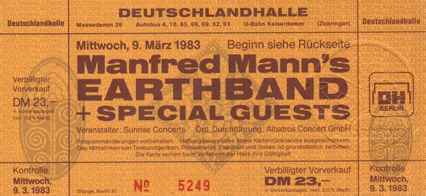 Manfred Mann's Earth Band - Deutschlandhalle, Berlin, March 9, 1983 [Germany] - Ticket Stub