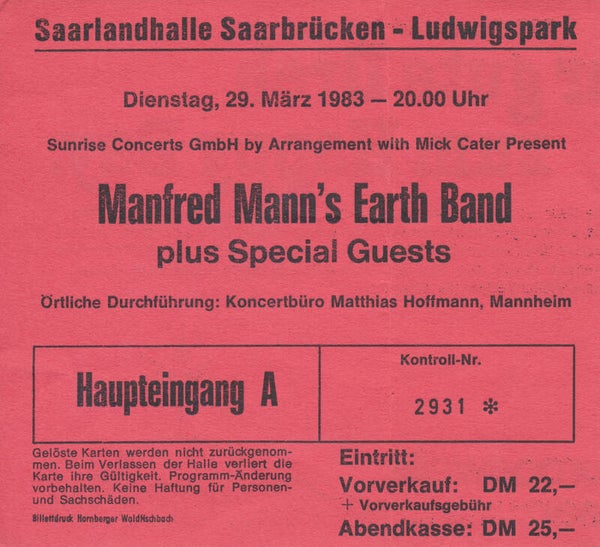 Manfred Mann's Earth Band - Saarlandhalle, Saarbrücken, March 29, 1983 [Germany] - Ticket Stub