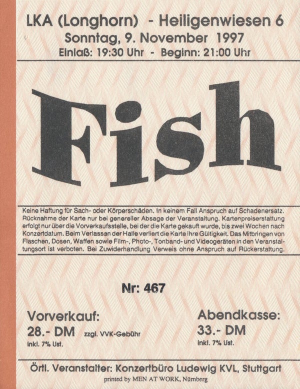 Fish (Marillion) - LKA, Longhorn, November 9, 1997 [Germany] - Ticket Stub