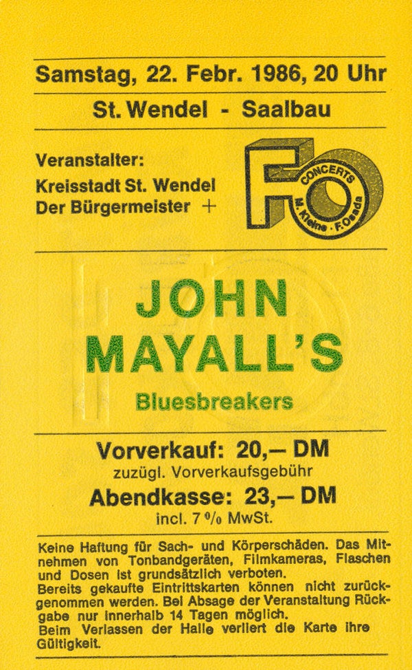 John Mayall - Saalbau, St. Wendel, February 22, 1986 [Germany] - Ticket Stub