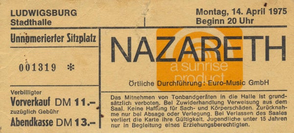 Nazareth - Stadthalle, Ludwigsburg, April 14, 1975 [Germany] - Ticket Stub