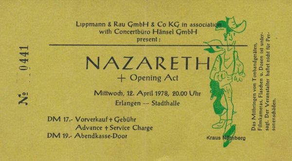 Nazareth - Stadthalle, Erlangen, April 18, 1978 [Germany] - Ticket Stub