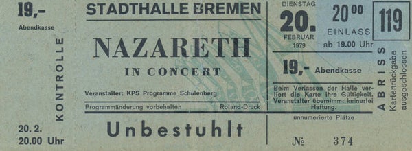 Nazareth - Stadthalle, Bremen, February 20, 1979 [Germany] - Ticket Stub