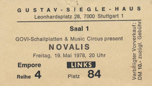 Novalis - Gustav-Siegle-Haus, Stuttgart, May 18, 1978 [Germany] - Ticket Stub