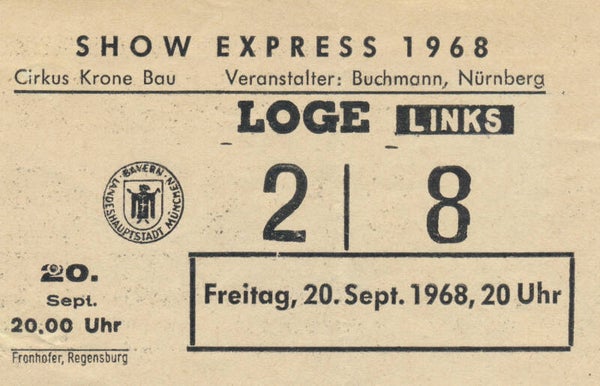 Esther + Abi Ofarim - The Rattles - Show Express 1968, Cirkus Krone Bau, Munich, September 20, 1968 [Germany] - Ticket Stub