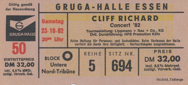Cliff Richard - Gruga-Halle, Essen, October 23, 1982 [Germany] - Ticket Stub