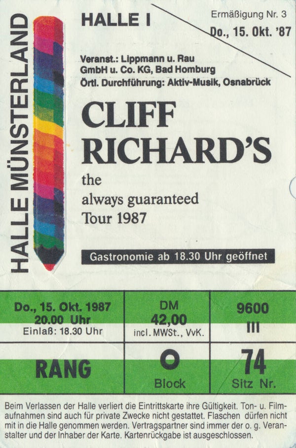 Cliff Richard - Halle Münsterland, Münster, October 15, 1987 [Germany] - Ticket Stub
