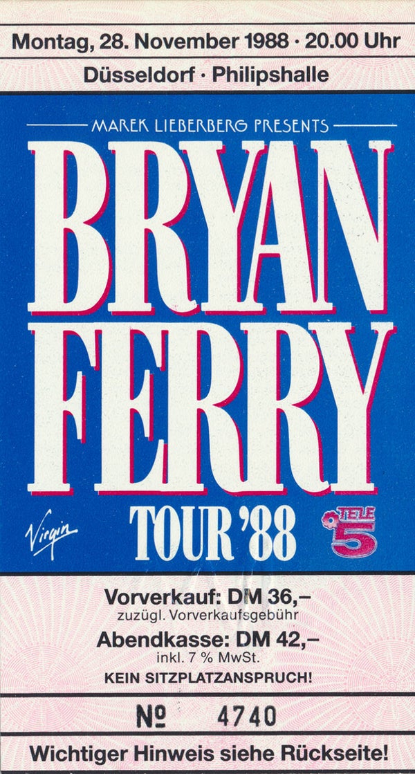 Bryan Ferry - Philipshalle, Düsseldorf, November 28, 1988 [Germany] - Ticket Stub