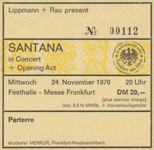 Santana - Festhalle, Frankfurt, November 24, 1976 [Germany] - Ticket Stub